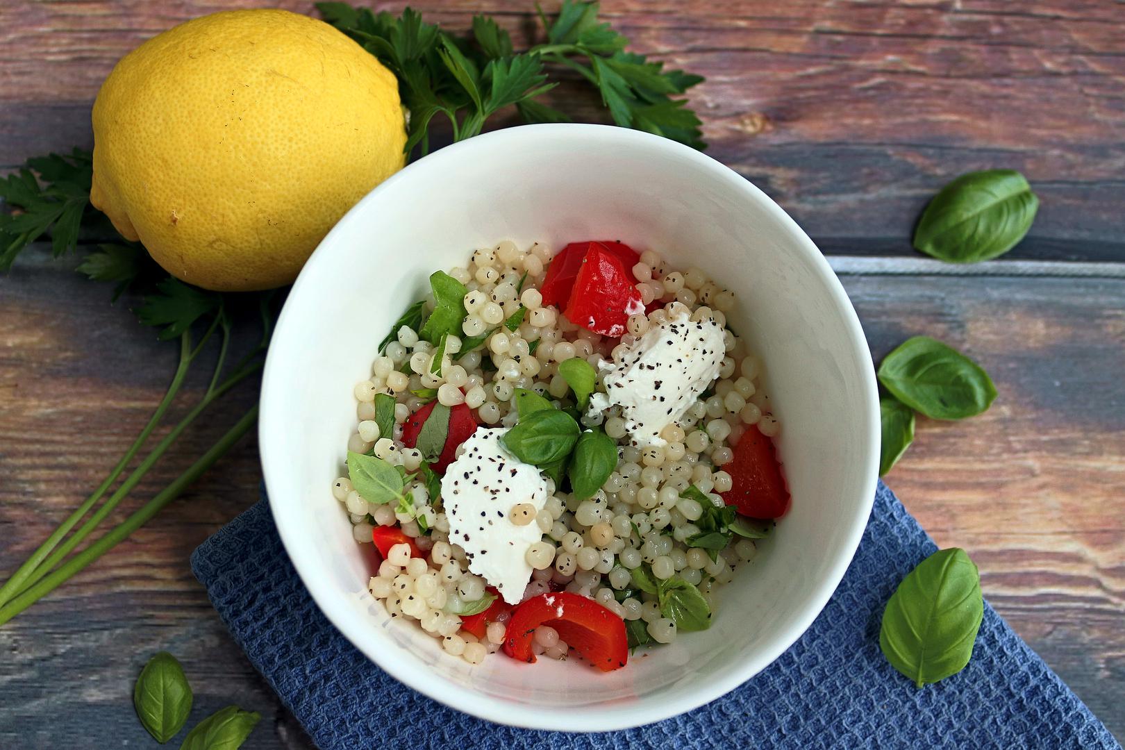 Giant Couscous Salad With Baked Peppers And Basil Dressing - 